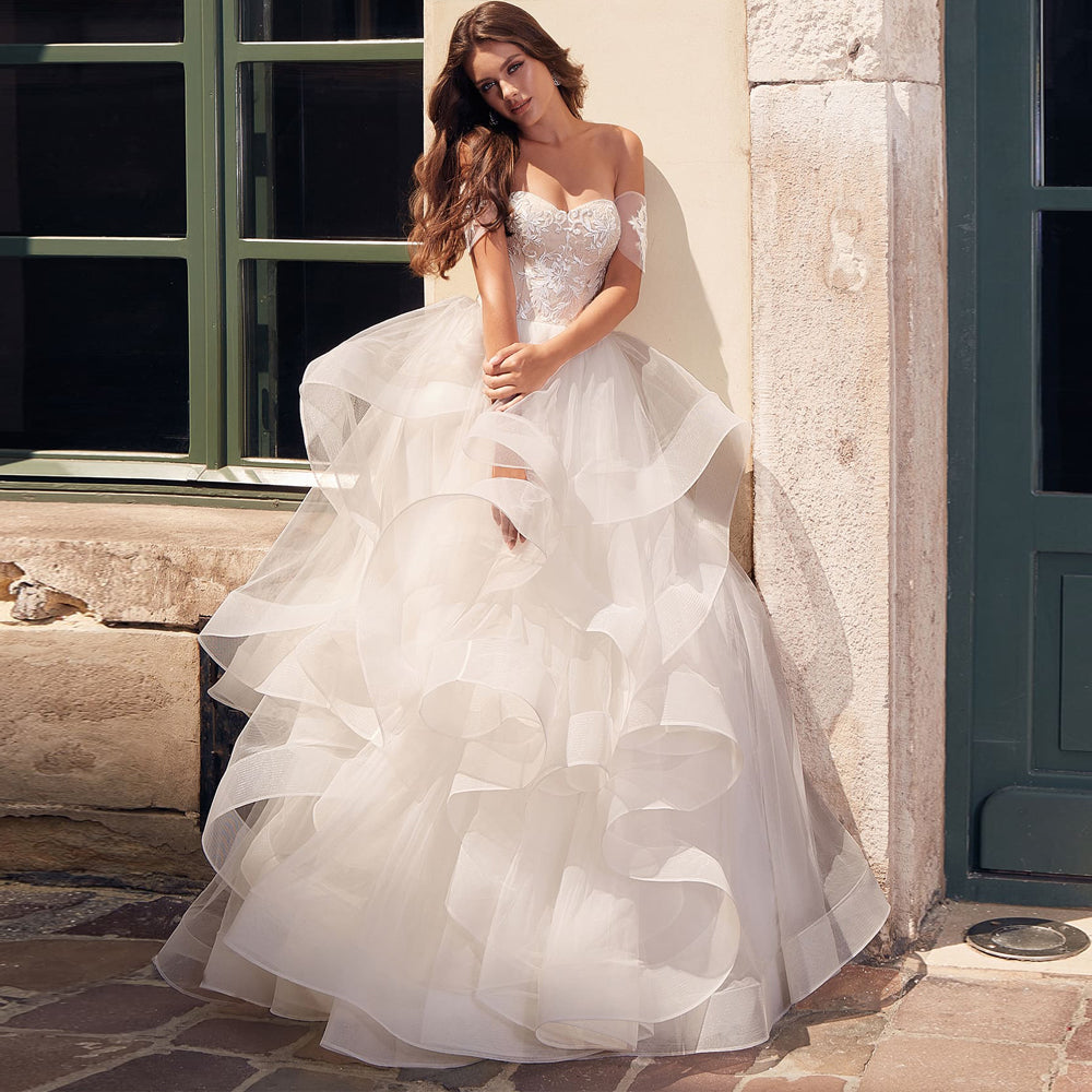 Off-shoulder Princess Wedding Dress with Appliques Cascading Ruffles P – Vintage Tiered Dress