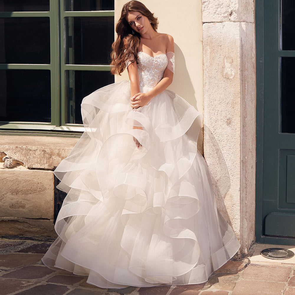 Beaded Off-the-shoulder Simple Tulle Wedding Gown - Promfy